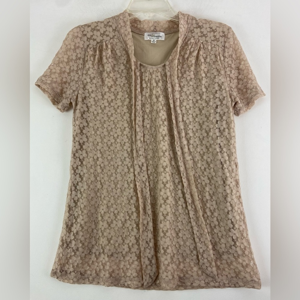Eve And Maddie Beige Tan Lace Tie Lined Blouse Sz M (sku 381)